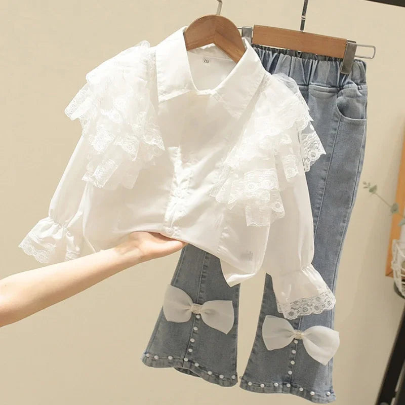 Long Sleeve Shirt and Jeans 2pc Set blue white