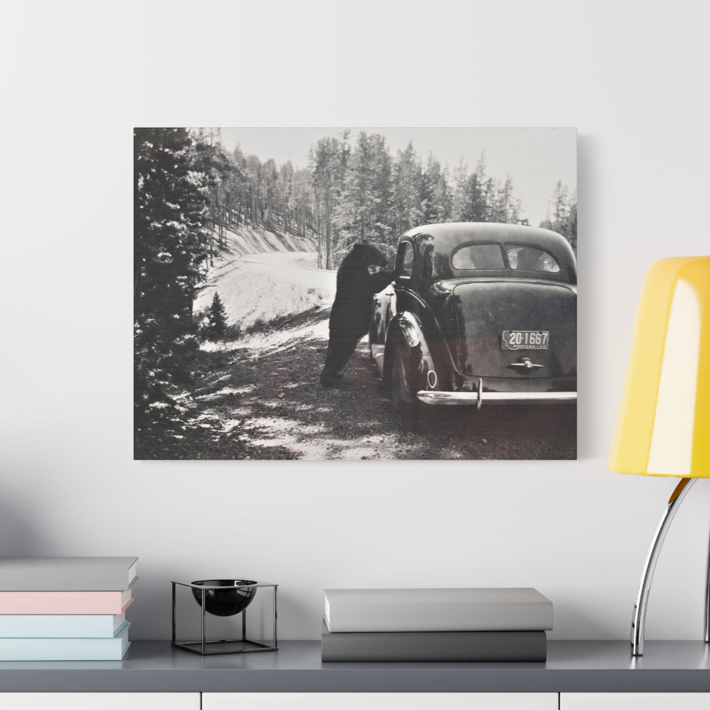 Yellowstone Bear Car Satin Canvas Stretched 24″ x 18″ (Horizontal) 1.5"