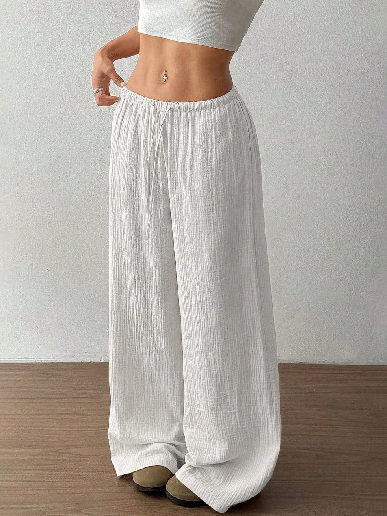 Pure Cotton Casual Solid Color Loose Wide Leg Draggle Tail Trousers - -