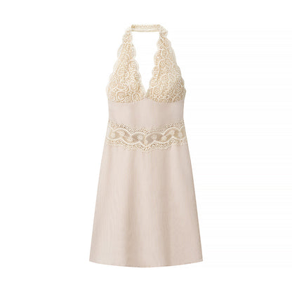 Women Clothing Spring Sexy Houndstooth Lace Stitching Hanging Collar Dress - - Jewelry