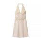 Women Clothing Spring Sexy Houndstooth Lace Stitching Hanging Collar Dress - Ivory - Jewelry