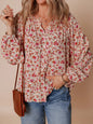 Floral Long Sleeve Button Down Blouse - Red -