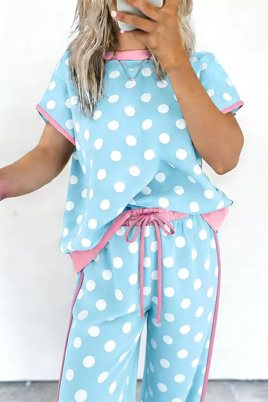 Polka Dot Contrast Trim Top and Pants Set - - pajamas