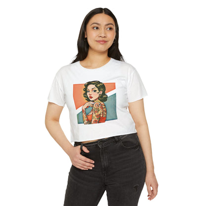 Vintage Pin Up Retro Crop Top - White - Cropped Graphic Tee