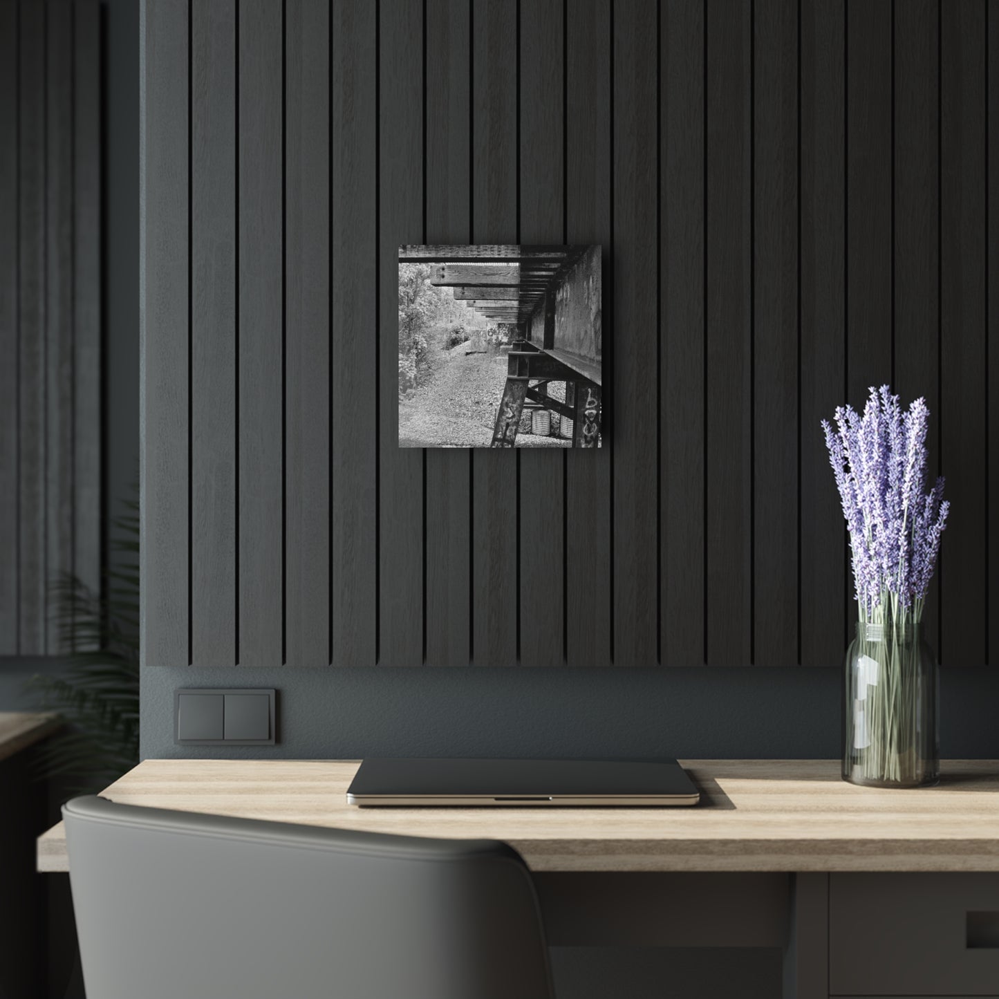 Black & White Train Trestle Acrylic Print — Rustic Industrial Wall Art French Cleat - 12″ x 12″ 0.25'' - Home Decor