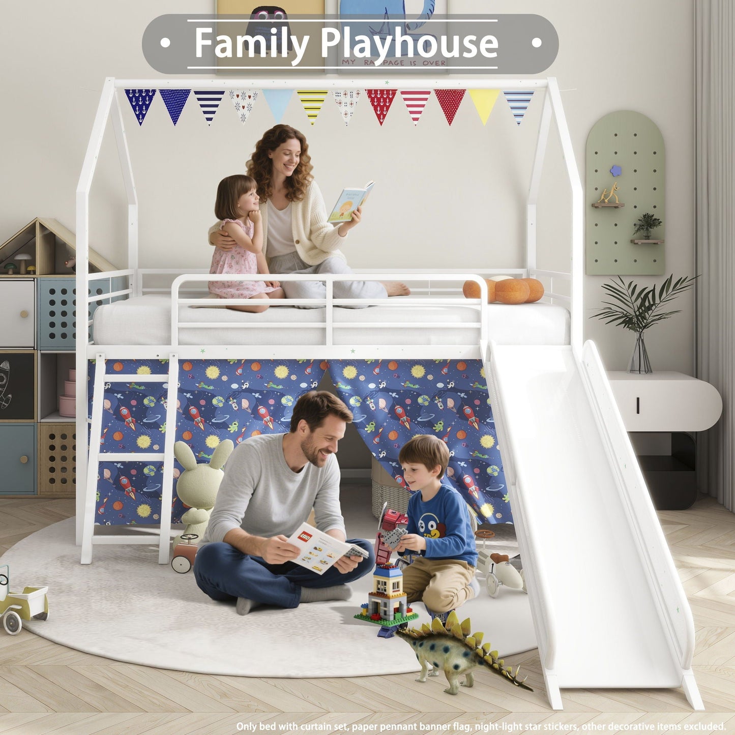 Jack - House Loft Bed With Slide And Curtain Set- HouseOfZazla- {{Product type}}
