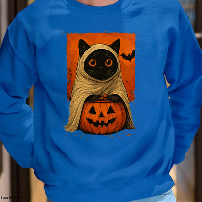 Funny Vintage Black Cat Halloween Pumpkin Spooky Ghost Women T-Shirt - Halloween Unisex T-Shirt/Hoodie - NGHL00 - -