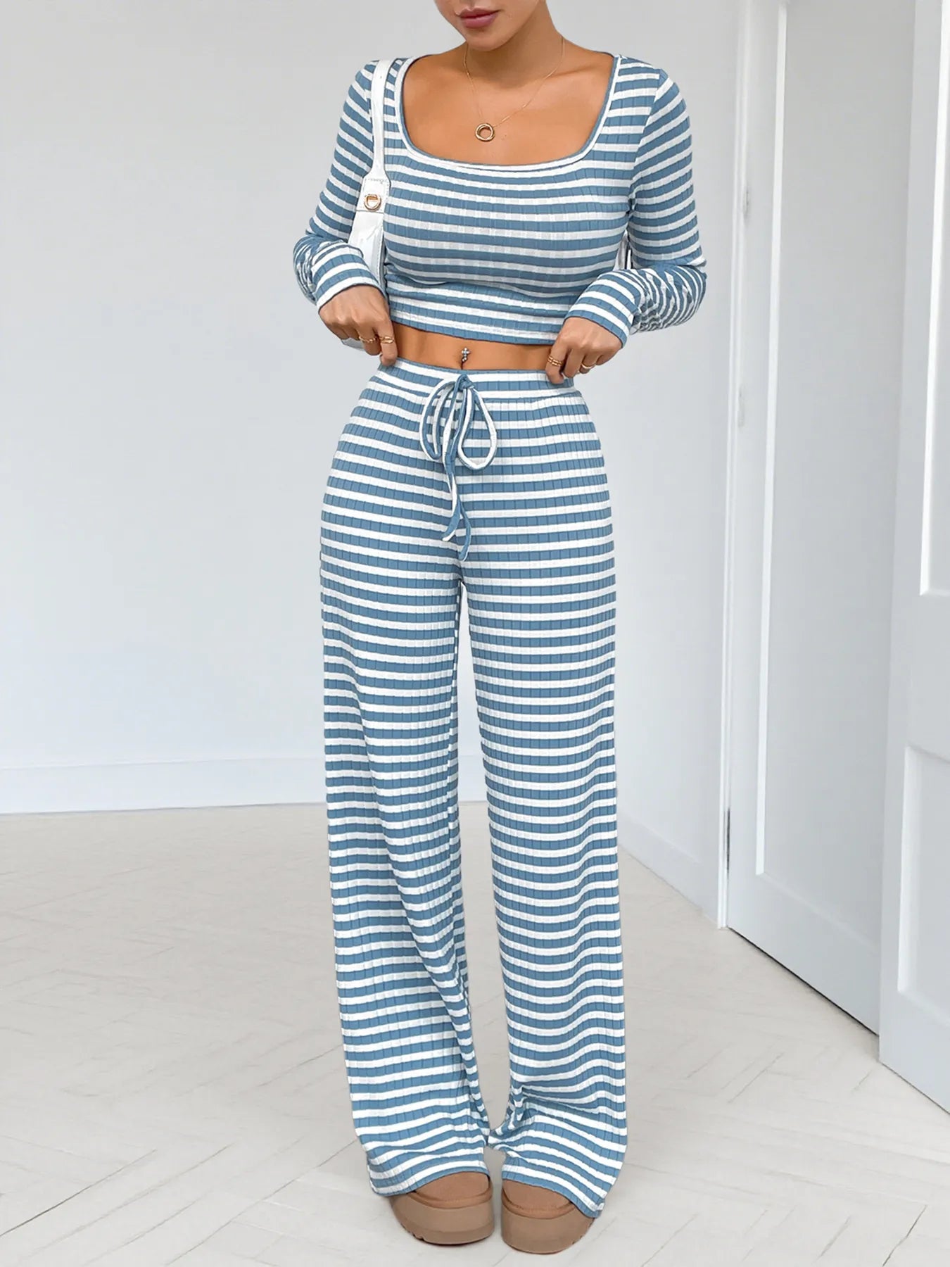 Striped Square Neck Long Sleeve Top and Pants Lounge Set- Shopimist- {{Product type}}