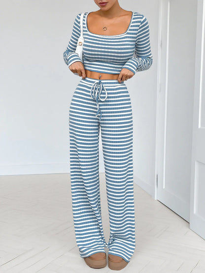 Striped Square Neck Long Sleeve Top and Pants Lounge Set- Shopimist- {{Product type}}