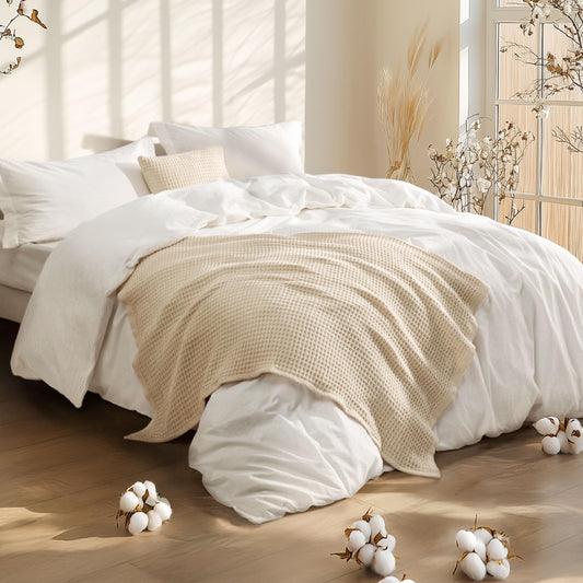 Bedsure 5-Piece Cotton Waffle Bedding Set - Soft & Breathable Comfort - 05 - White - Cotton King - comforter