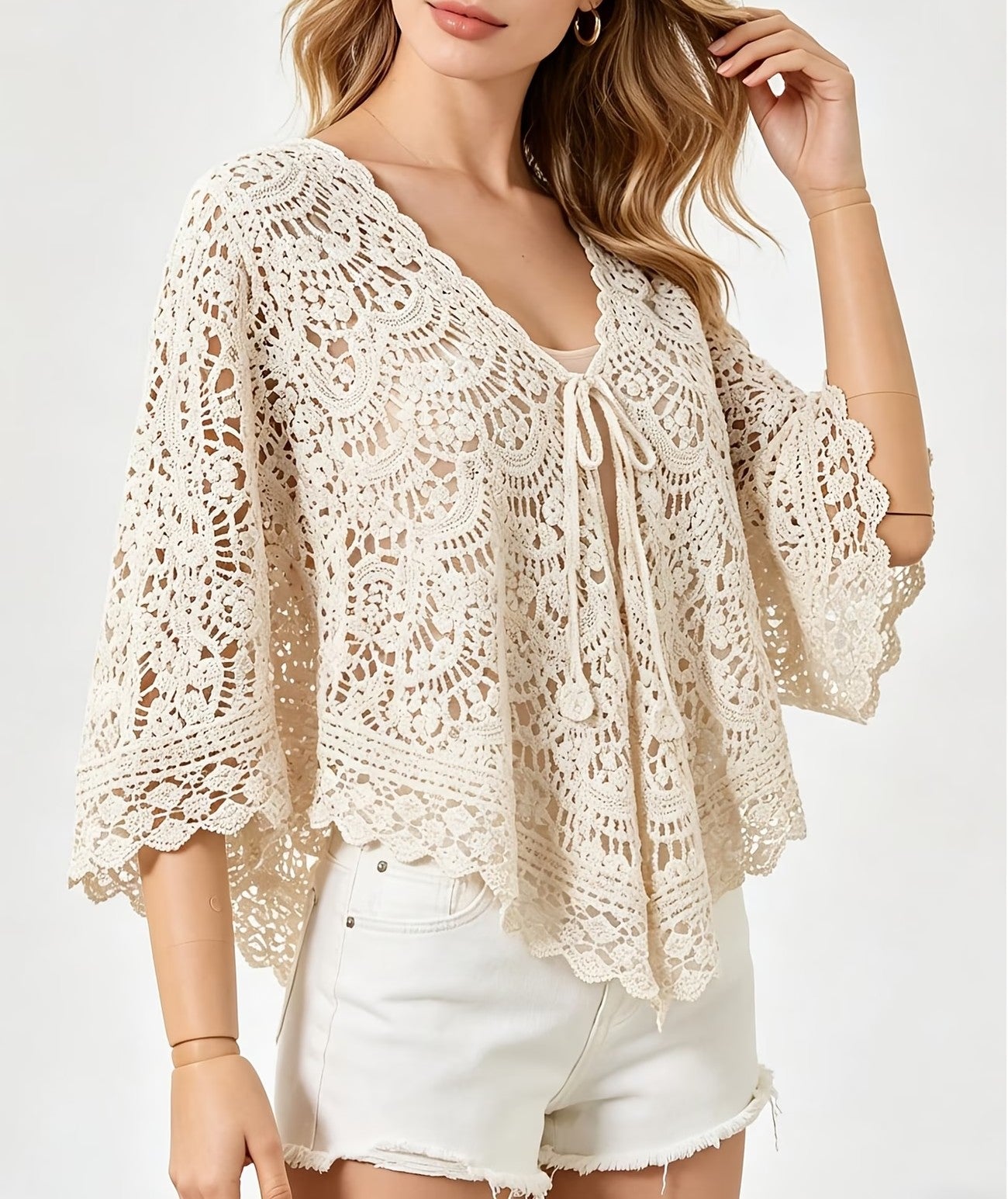 Women Hollow Embossed Hook Pattern V Neck Knitted Versatile Shawl Style Top - Ivory -
