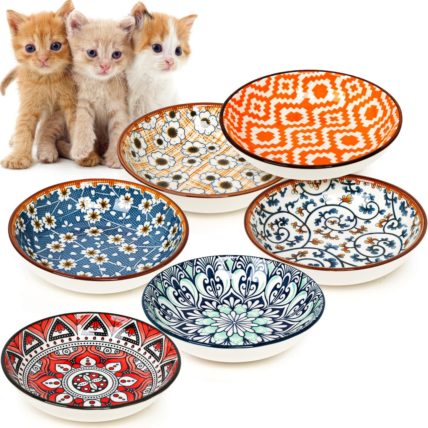 6-Count Bright Ceramic Cat Bowls - Easy Clean Shallow and Wide - - bowls