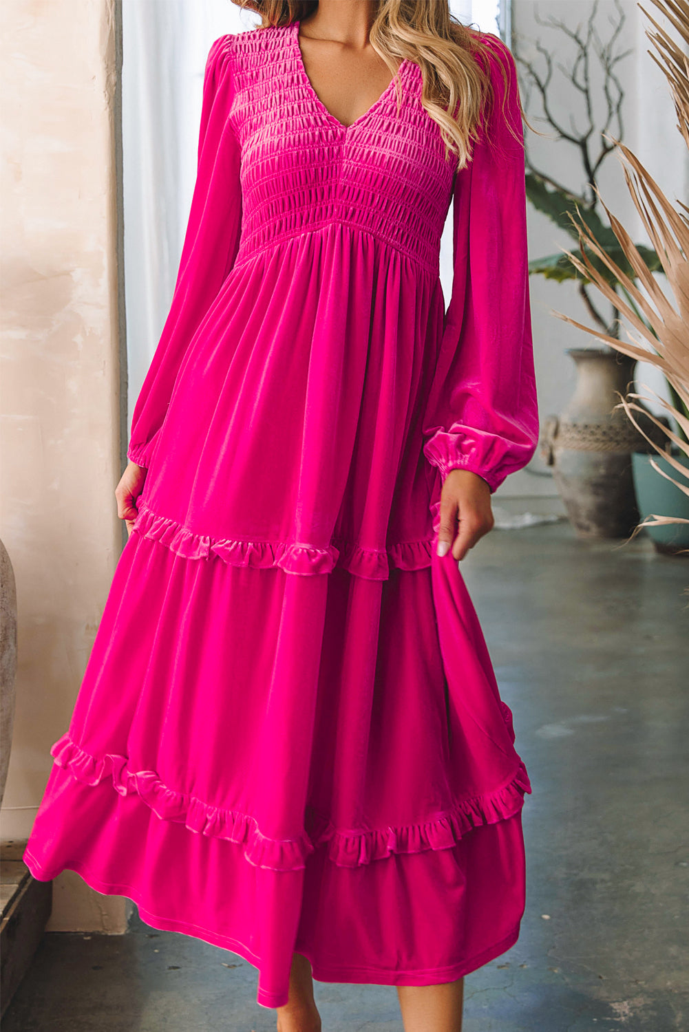 Rose Red Shirred V Neck Long Sleeve Velvet Dress - - Dresses/Maxi Dresses