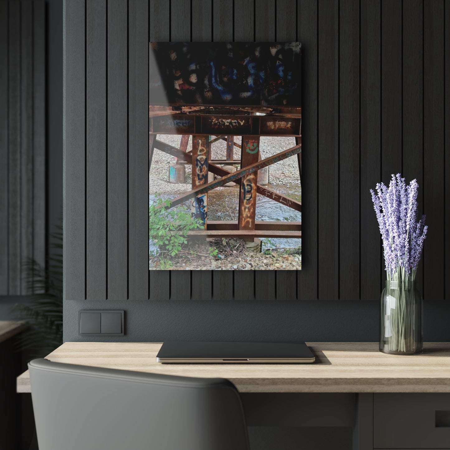 Urban Rusted Bridge Graffiti Acrylic Print French Cleat Hanging - 20″ x 30″ (Vertical) 0.25'' - Home Decor