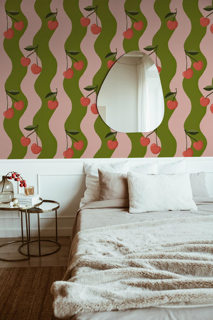 Wavy Cherry Wallpaper, pink and green- Samantha Santana Creative- {{Product type}}