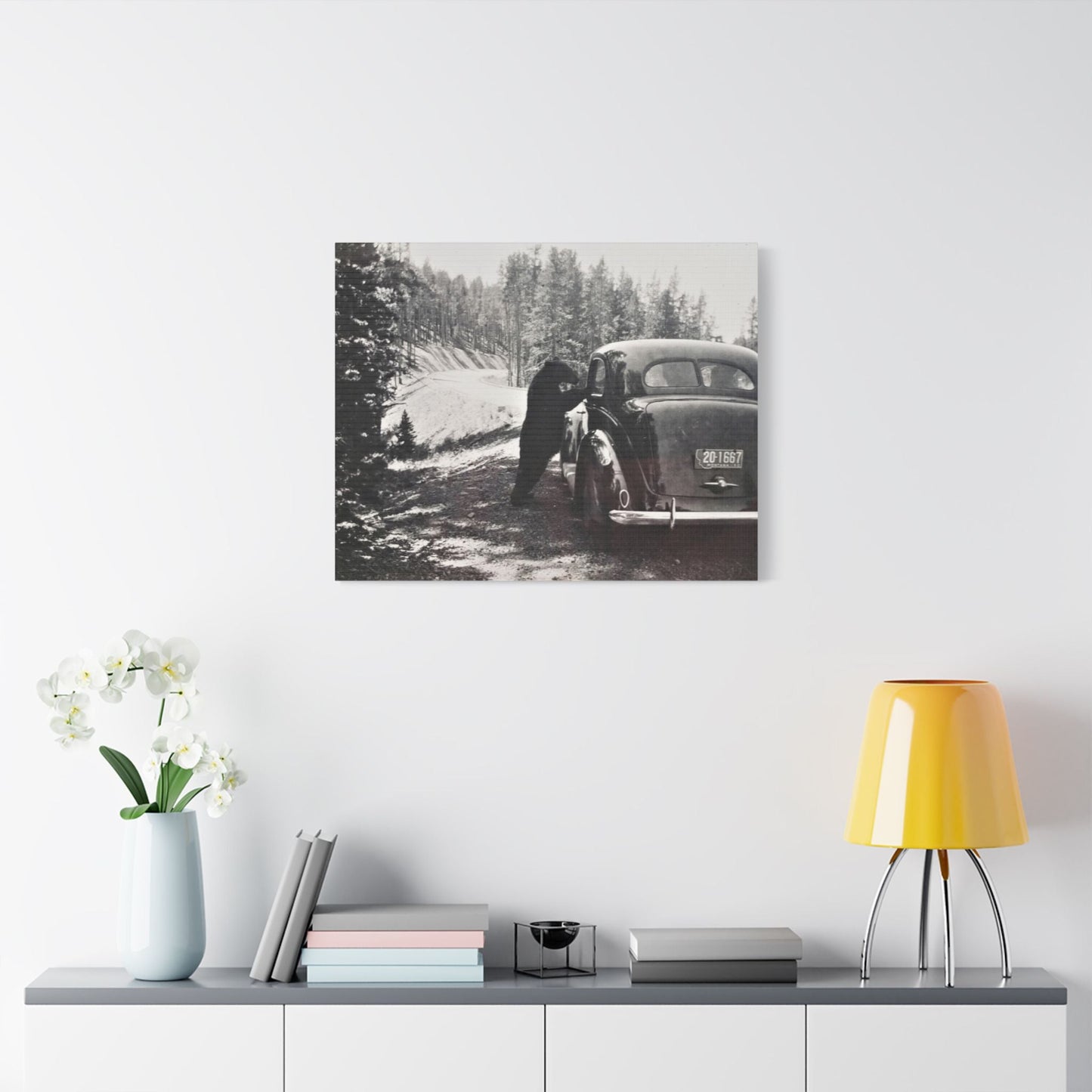 Yellowstone Bear Car Satin Canvas Stretched 30" x 24" (Horizontal) 1.5"