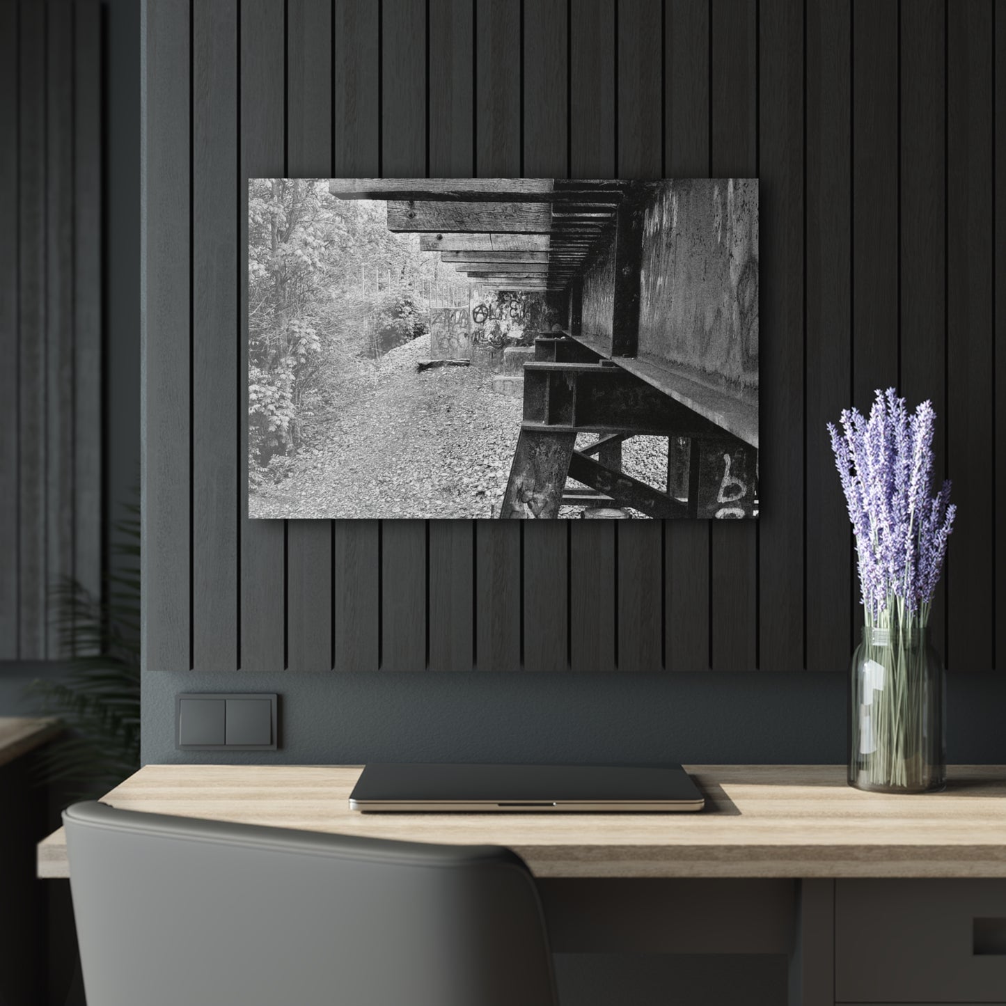 Black & White Train Trestle Acrylic Print — Rustic Industrial Wall Art French Cleat - 30″ x 20″ (Horizontal) 0.25'' - Home Decor