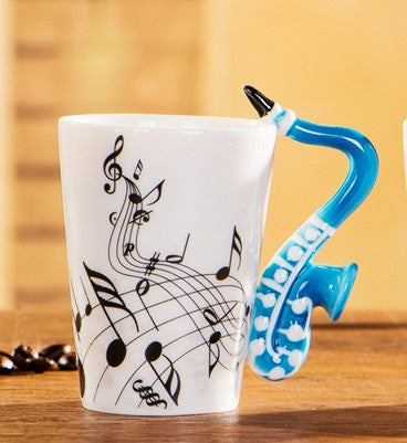 Sax Music Violin Style Guitar Ceramic Mugs With Handles - Sax Blue - Mugs