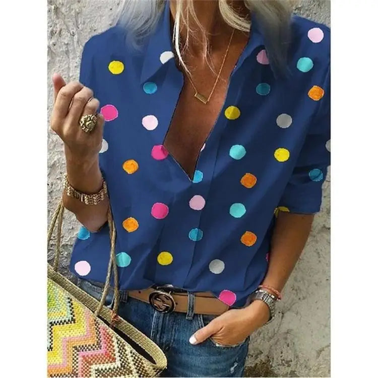 Polka Dot Blouse Women Turn Down Collar Long Sleeve Shirts