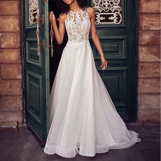 Elegant Lace Halter Bridal Gown - White S - dress