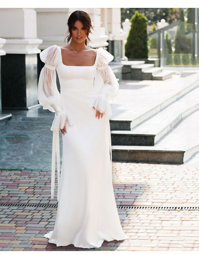 Chic Satin Mermaid Bridal Gown with Puff Sleeves - - dress
