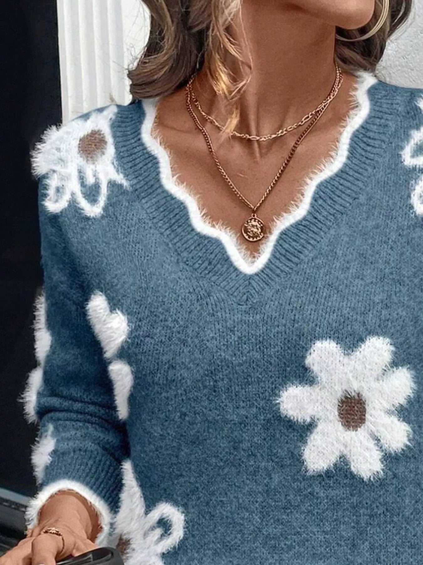 Floral V-Neck Long Sleeve Sweater - -