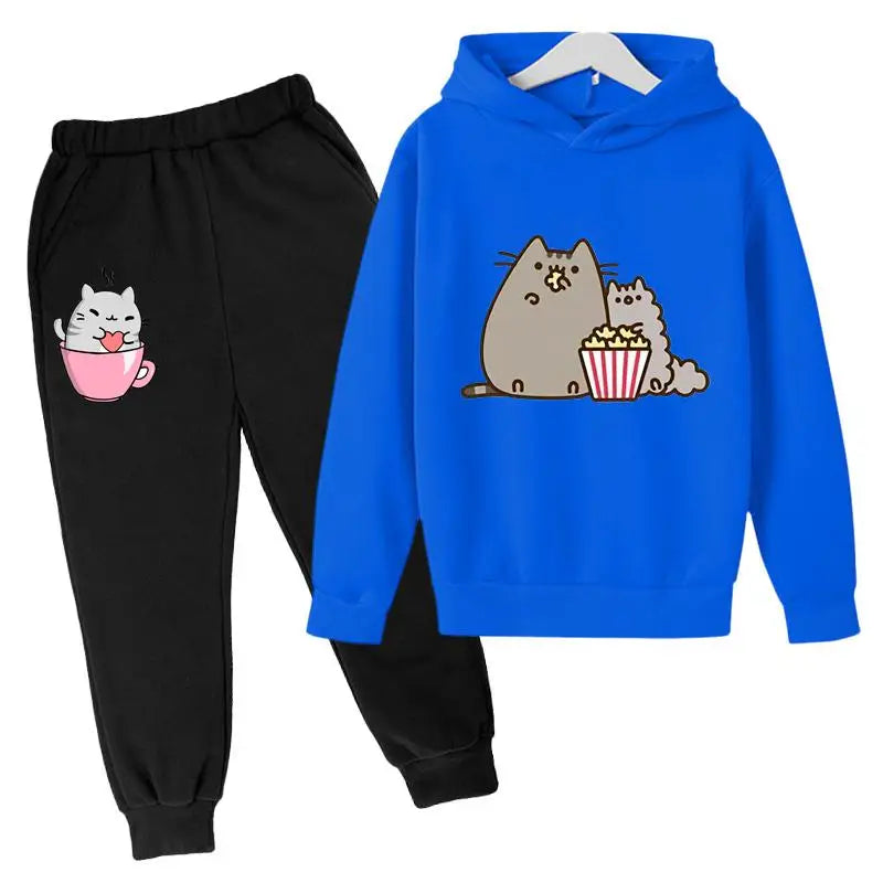 Cat Print Hoodie Clothing Sets blue