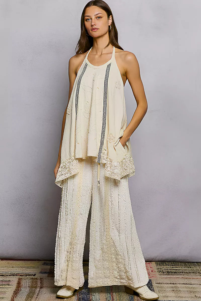 Lace Ruffle Halter Neck Double Gauze Top with Crochet Patch - - Top
