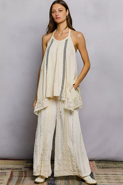Lace Ruffle Halter Neck Double Gauze Top with Crochet Patch - - Top