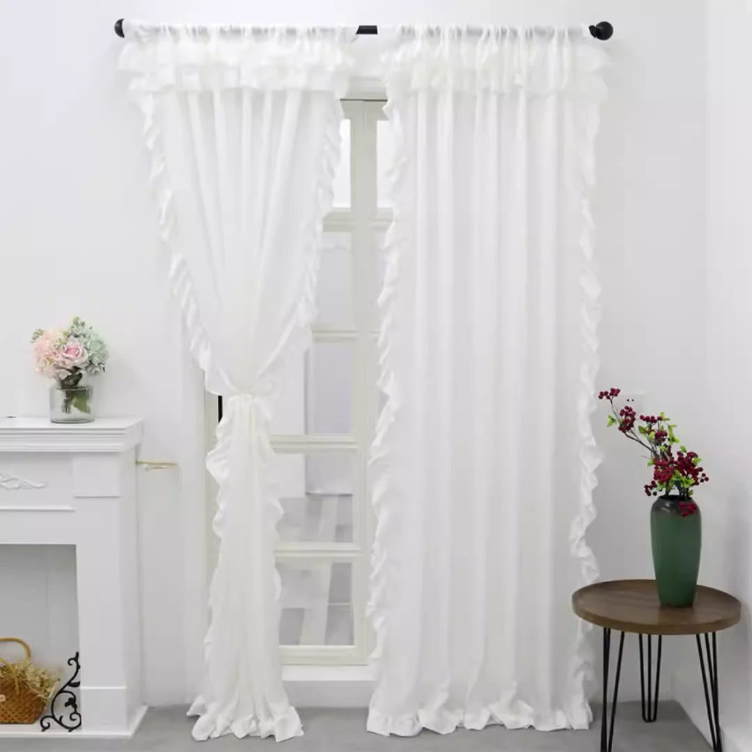 Tab Top Curtain White Ruffle Decor Single Panel Sheer Curtain