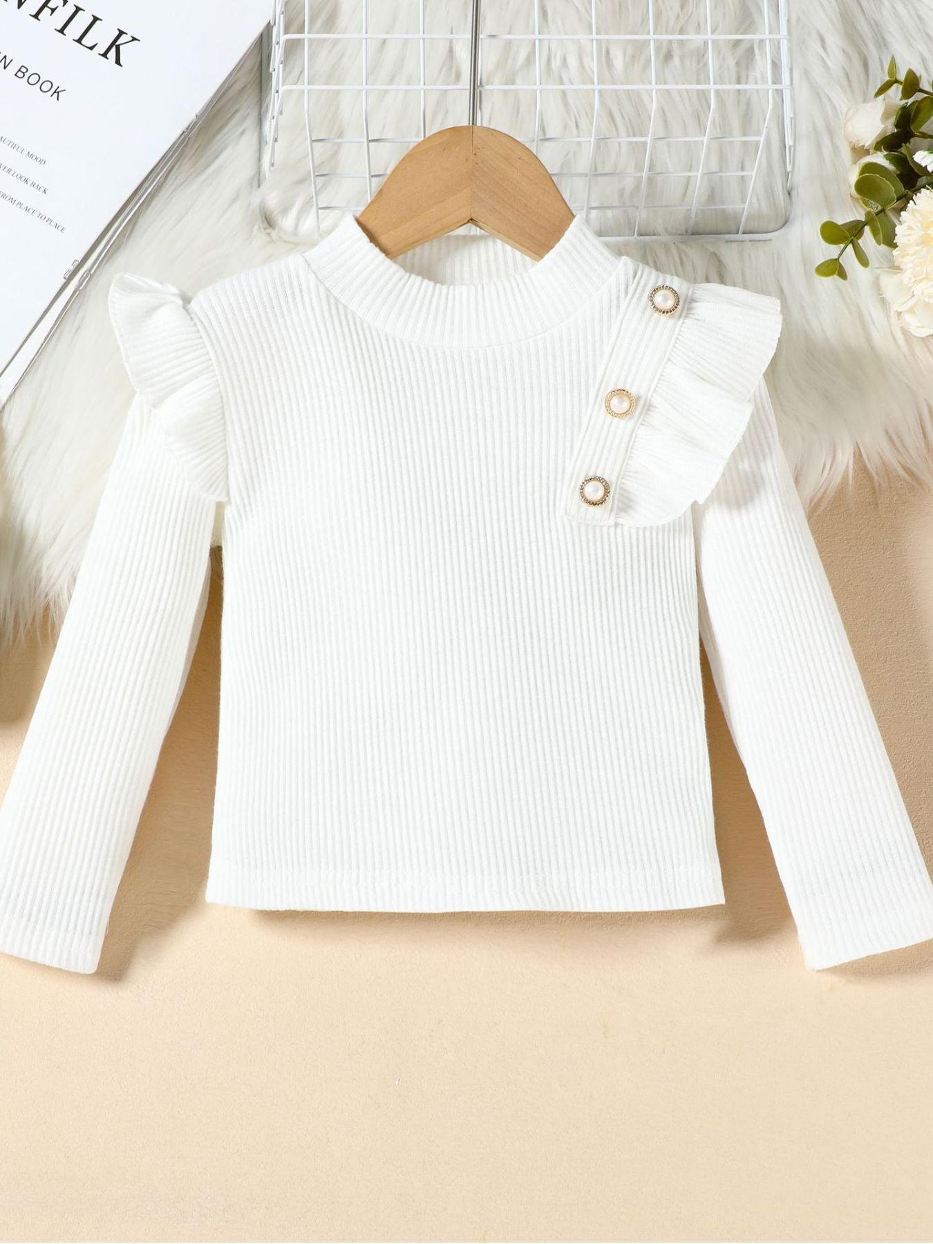Children's Ruffled Trim Ribbed Top & Faux Leather Skirt Set - -