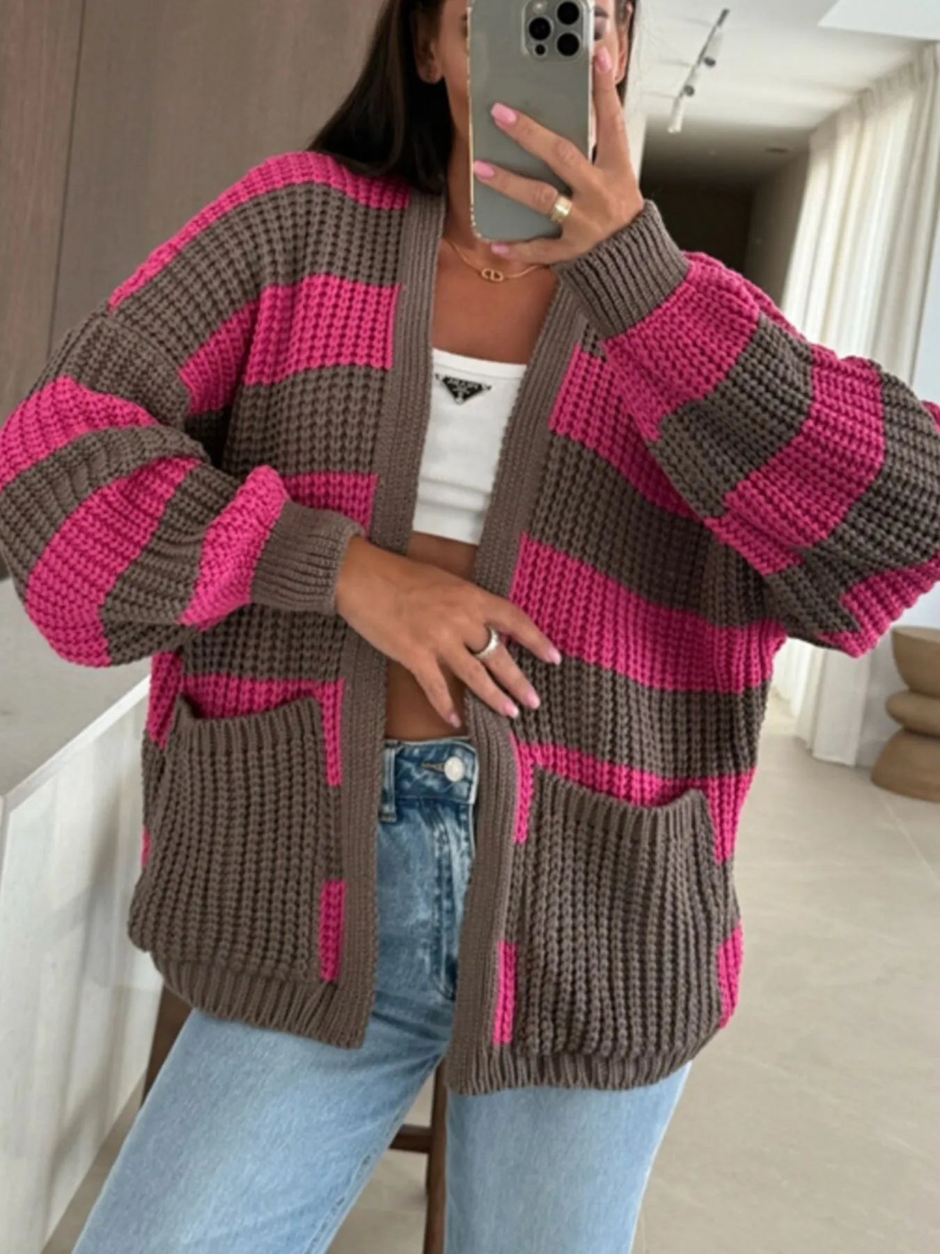 Striped Open Front Long Sleeve Cardigan - -