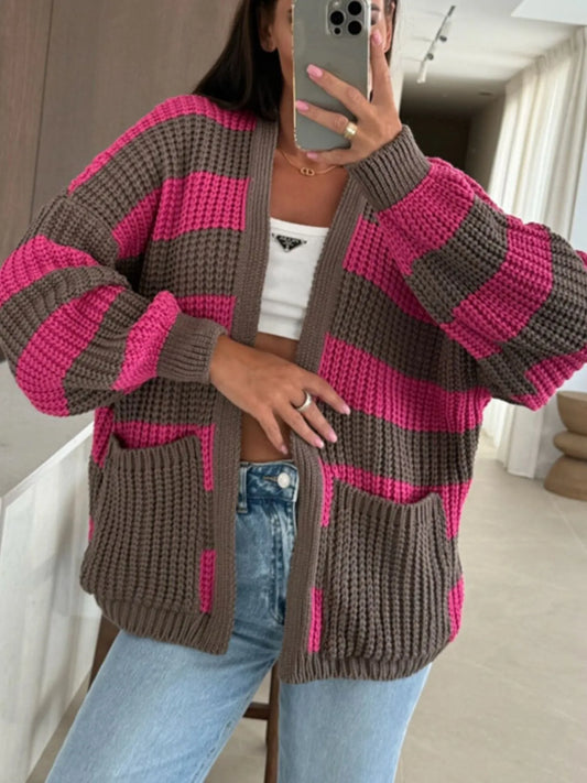 Striped Open Front Long Sleeve Cardigan - -