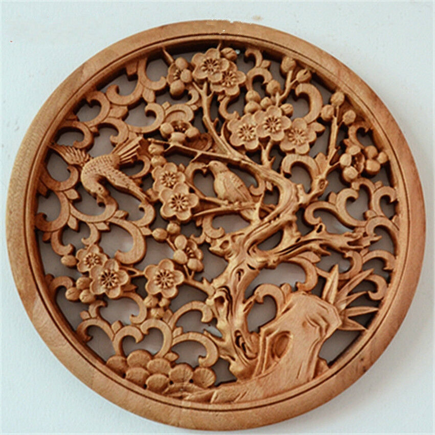 Camphor Solid Wood Living Room Chinese Style Round Antique-Like Blessing Porch Wall Hanging - - Wood Art