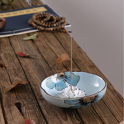 Lotus Leaf Ceramic Incense Burner Plate – Hand-Painted - Blue - Incense Burner
