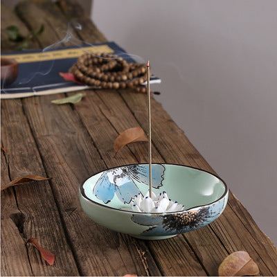 Lotus Leaf Ceramic Incense Burner Plate – Hand-Painted - - Incense Burner