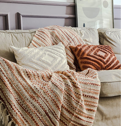 Pink Gradient Knitted Tassel Sofa Blanket – Bohemian Cozy Throw - - Blankets