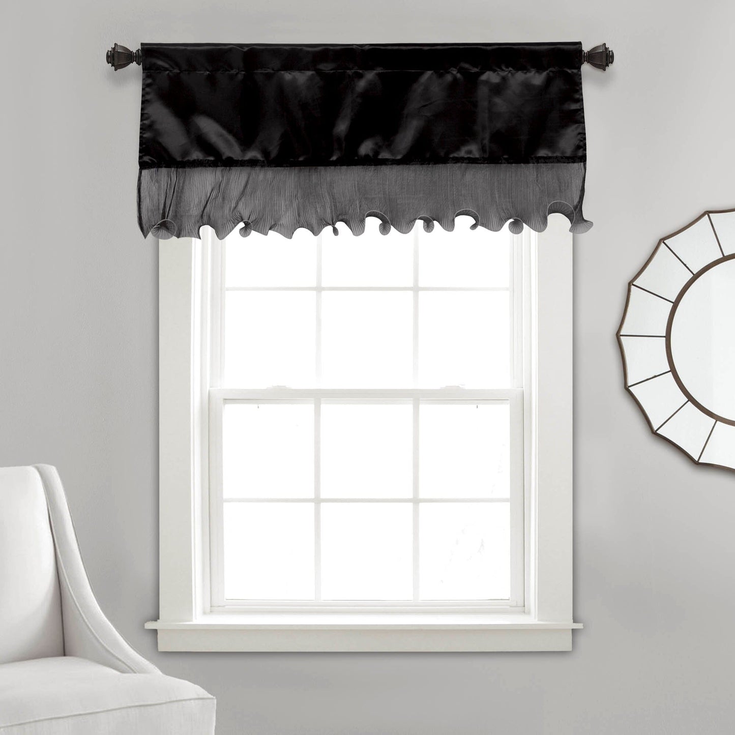 Tache Satin Ruffle Window Curtain Tailored Black 18x52" Valance (1622) - - Valance
