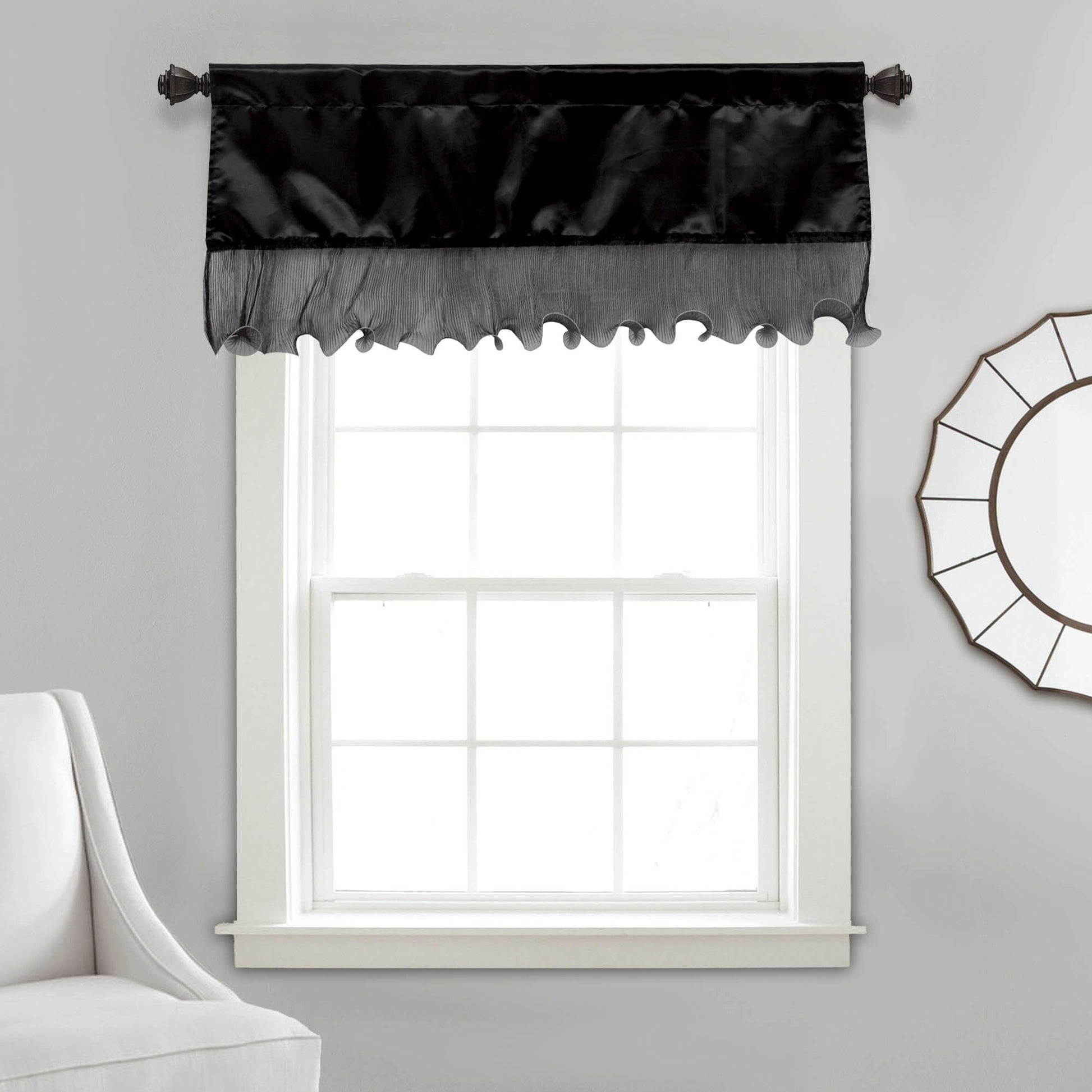 Tache Satin Ruffle Window Curtain Tailored Black 18x52" Valance (1622) - - Valance