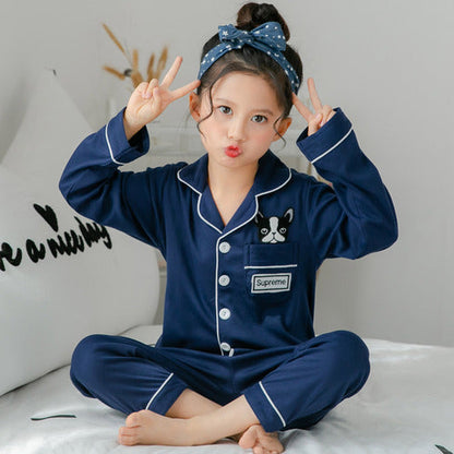 Children's Clothing Girls Cute Printing Long-sleeved Home Wear, Big Children's Thin Cotton Pajamas Set - Blue dog head - 0
