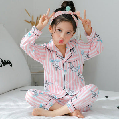 Children's Clothing Girls Cute Printing Long-sleeved Home Wear, Big Children's Thin Cotton Pajamas Set - Pink bunny - 0