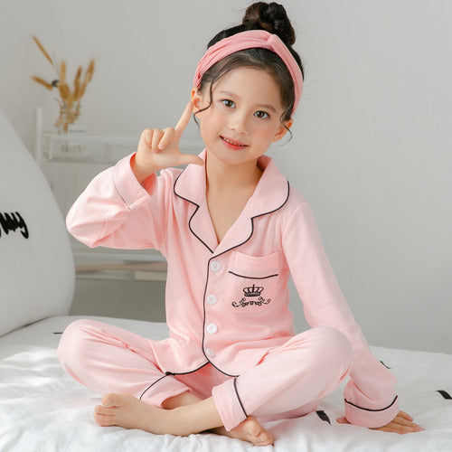 Children's Clothing Girls Cute Printing Long-sleeved Home Wear, Big Children's Thin Cotton Pajamas Set - Pink crown - 0