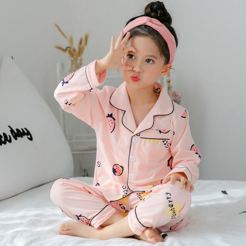 Children's Clothing Girls Cute Printing Long-sleeved Home Wear, Big Children's Thin Cotton Pajamas Set - Pink letter strawberry - 0