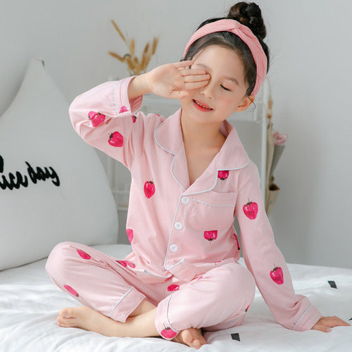 Children's Clothing Girls Cute Printing Long-sleeved Home Wear, Big Children's Thin Cotton Pajamas Set - Pink strawberry - 0