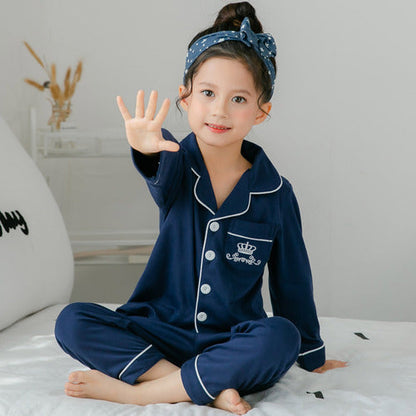 Children's Clothing Girls Cute Printing Long-sleeved Home Wear, Big Children's Thin Cotton Pajamas Set - Blue crown - 0