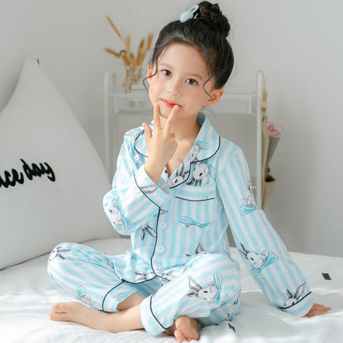 Children's Clothing Girls Cute Printing Long-sleeved Home Wear, Big Children's Thin Cotton Pajamas Set - Blue bunny - 0