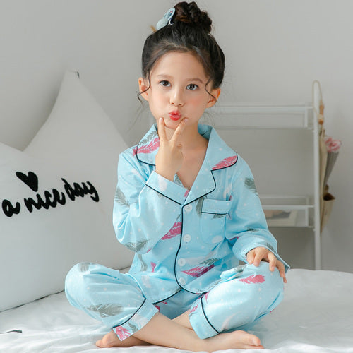 Children's Clothing Girls Cute Printing Long-sleeved Home Wear, Big Children's Thin Cotton Pajamas Set - Blue feather - 0