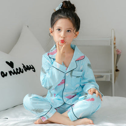 Children's Clothing Girls Cute Printing Long-sleeved Home Wear, Big Children's Thin Cotton Pajamas Set - Blue feather - 0