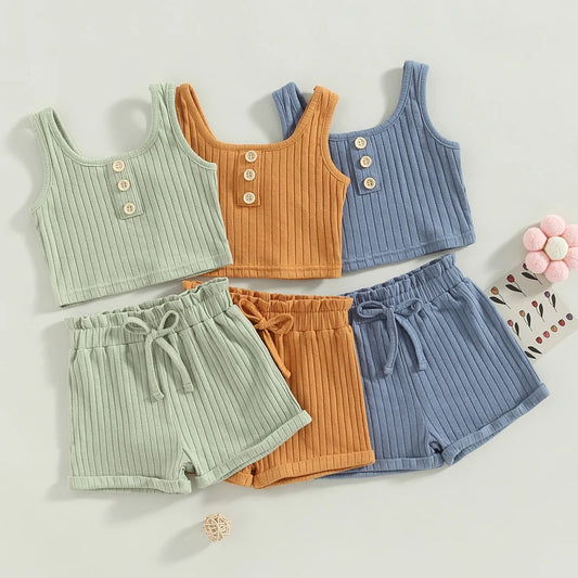 Solid Color Tank and Ribbed Drawstring Shorts Set