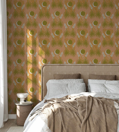 Yucca Moon Wallpaper, peach and green- Samantha Santana Creative- {{Product type}}